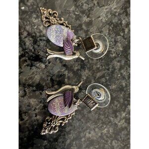 Silver & Purple Hummingbird Dangle Earrings With Decorative Accents